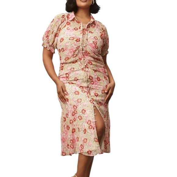 Anthropologie Dresses & Skirts - NWOT Anthropologie Puff Sleeve Ruched Mesh Button Front Midi Shirtdress Size 24W
